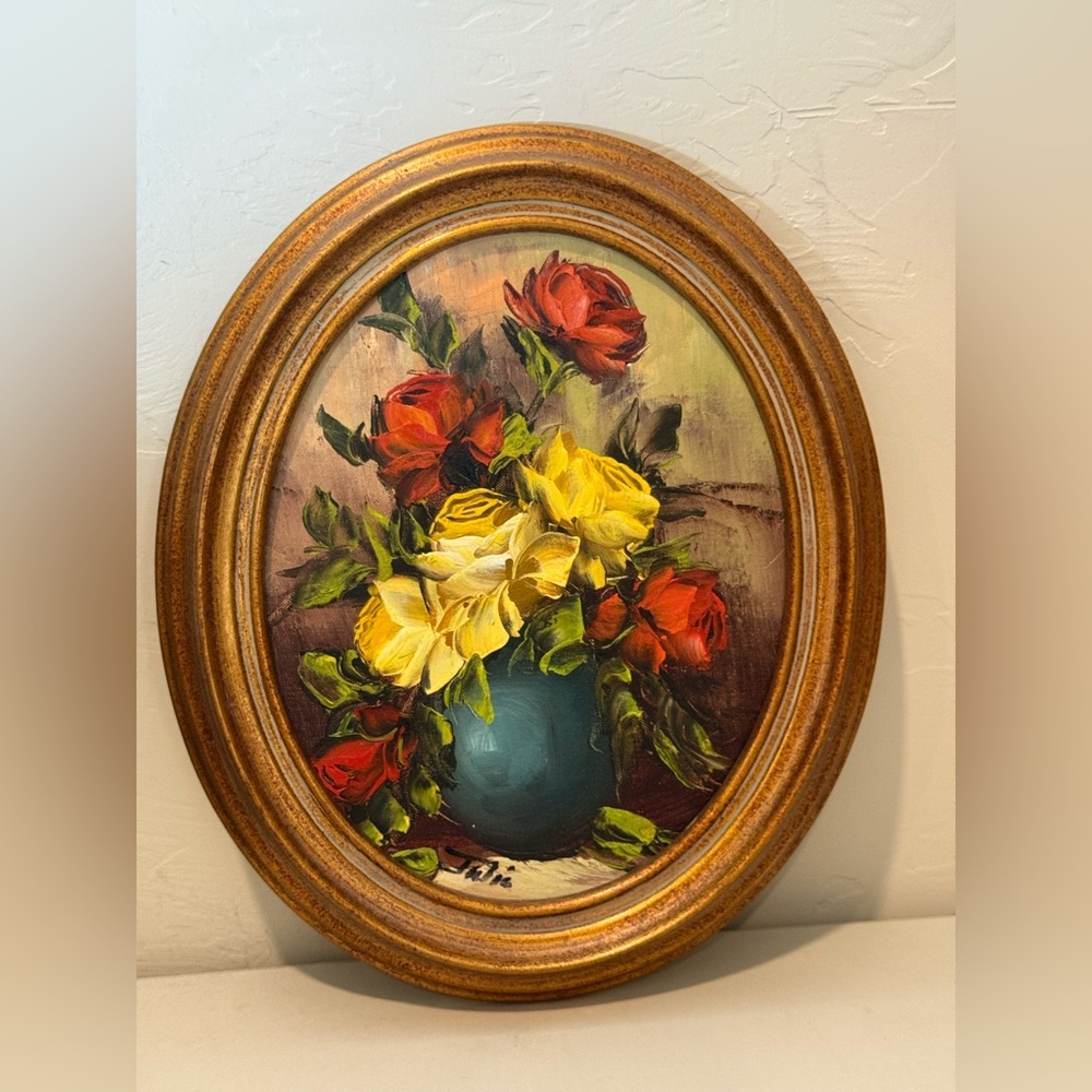 Vintage Original Oval Framed Oil Painting Signed By Artist Julia Floral Roses